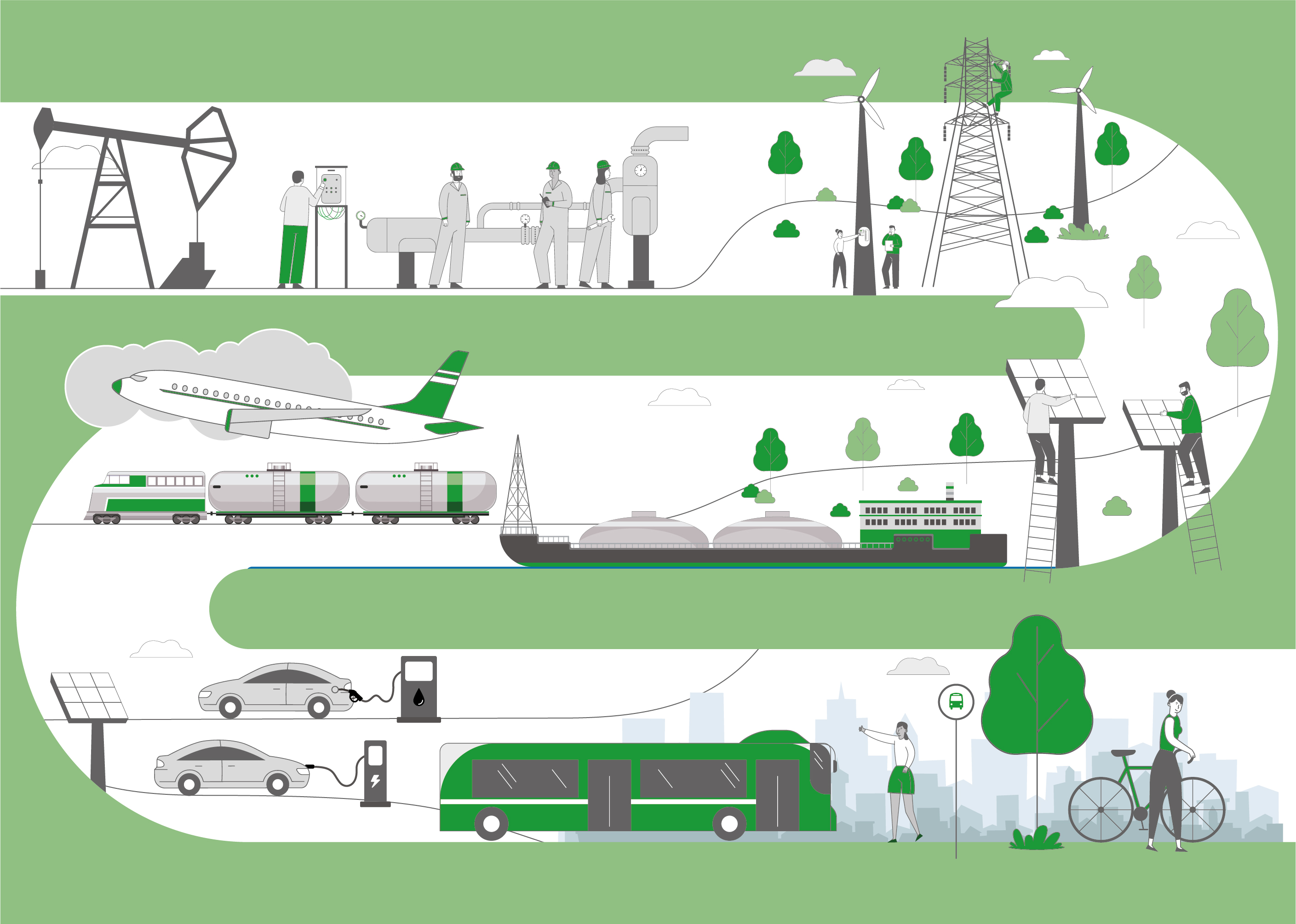Various energy transition icons and modes of transportation