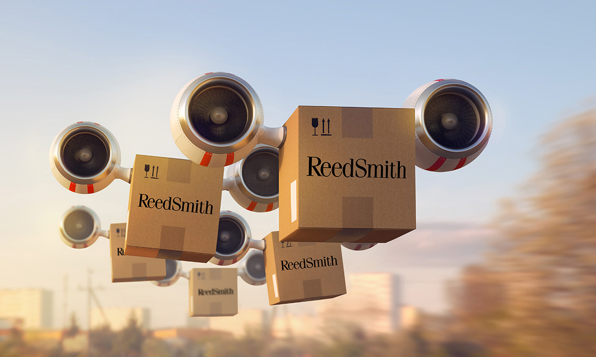 Drones carrying cargo boxes labeled Reed Smith