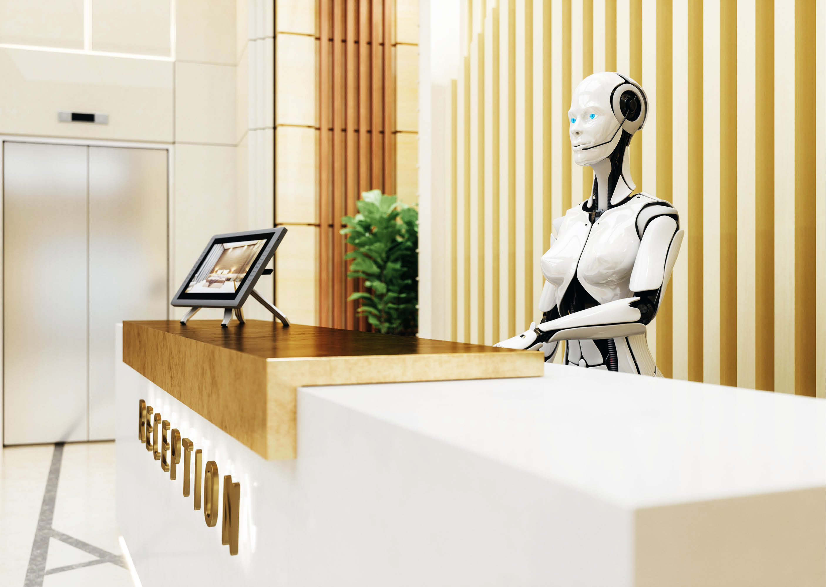 Robot greeter at hotel front desk