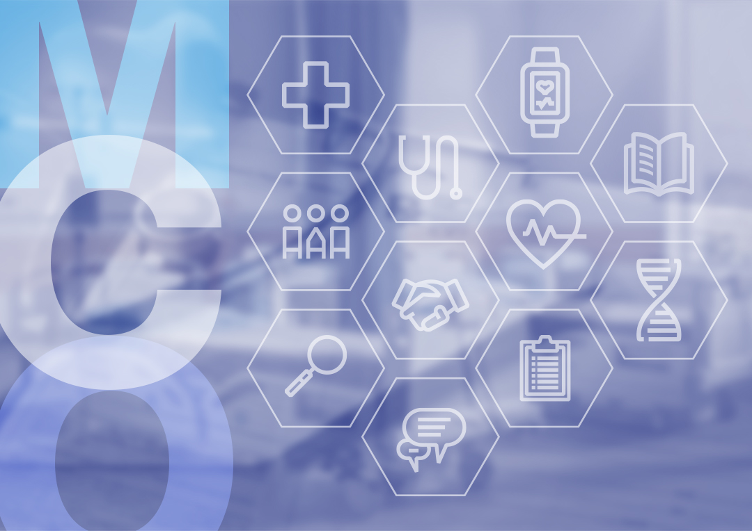 Managed Care Outlook image - MCO aligned vertically and various healthcare icons appearing in hexagon shapes