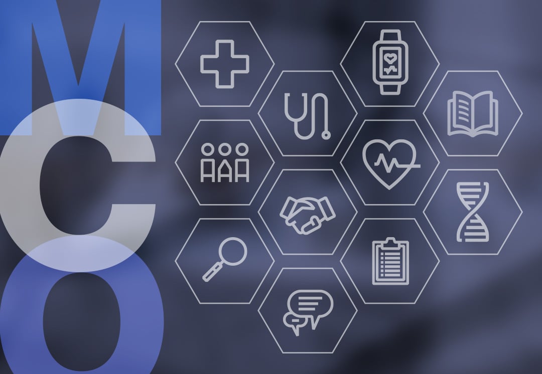 Letters M, C, and O vertically on the left, and various medical icons scattered in the center