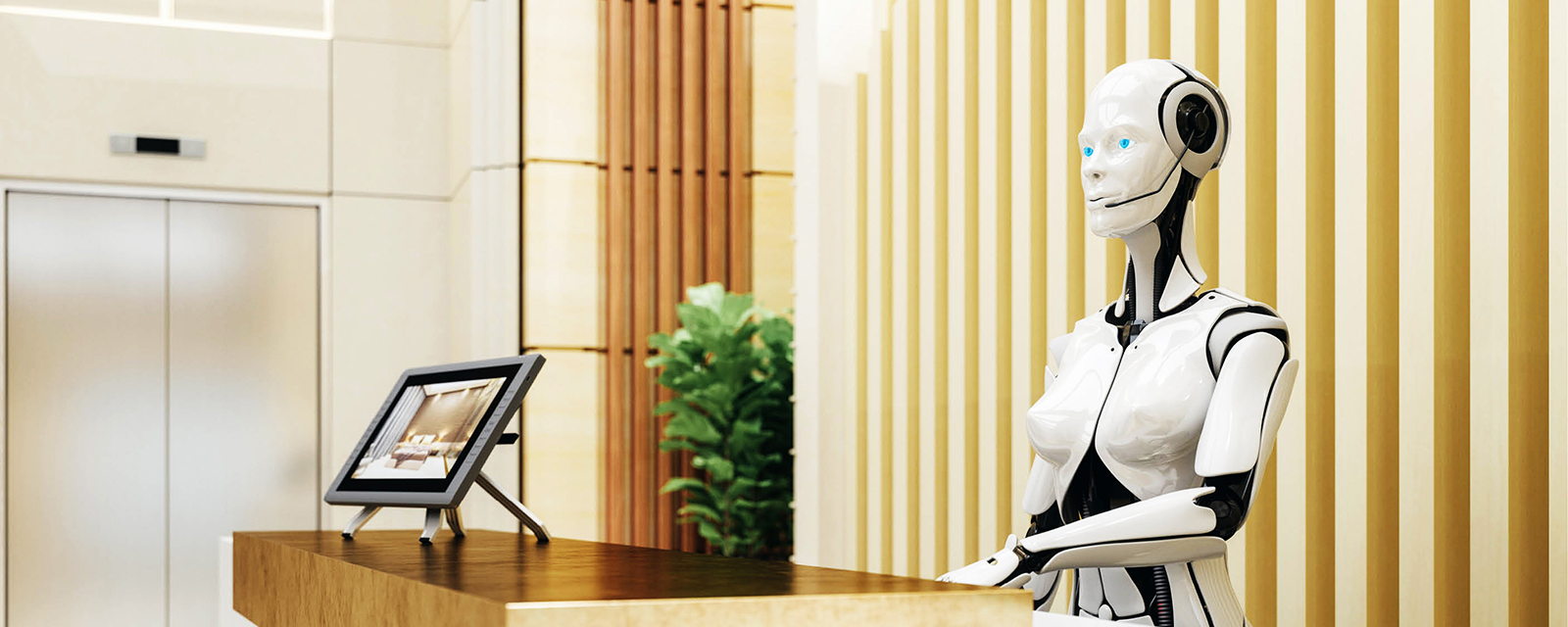 Robot greeter at hotel front desk