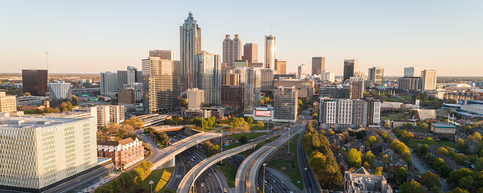 Drone photo of downtown Atlanta, Georgia USA.
