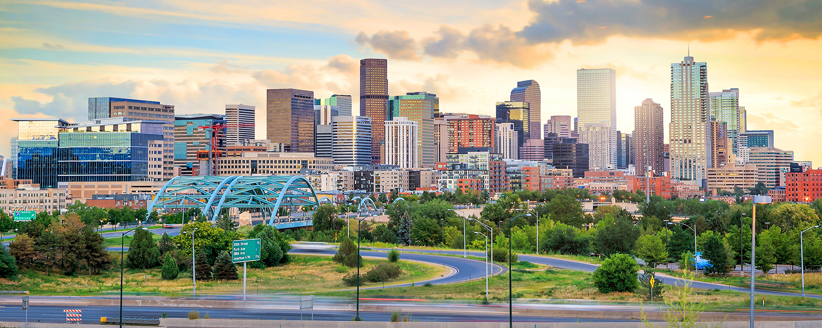 Panorama of Denver skyline long exposure at twilight.