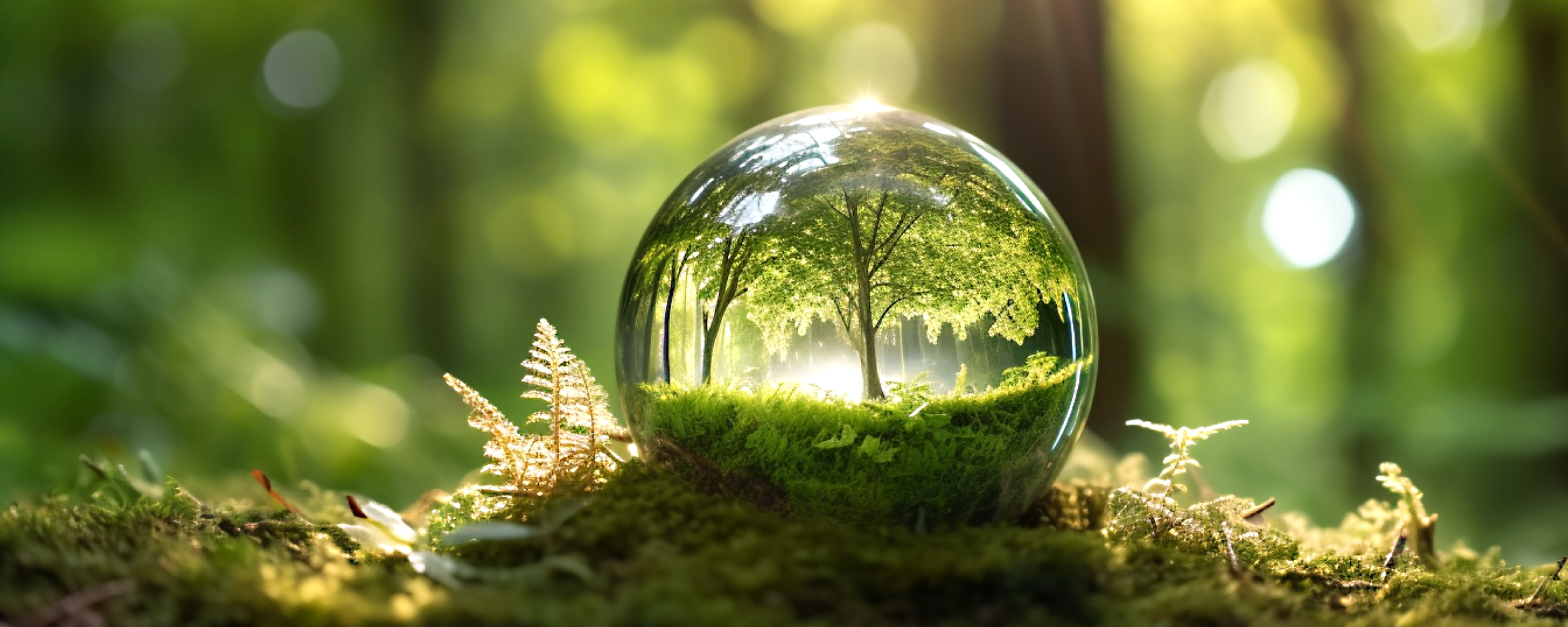Glass ball with a tree inside, sitting on greenery