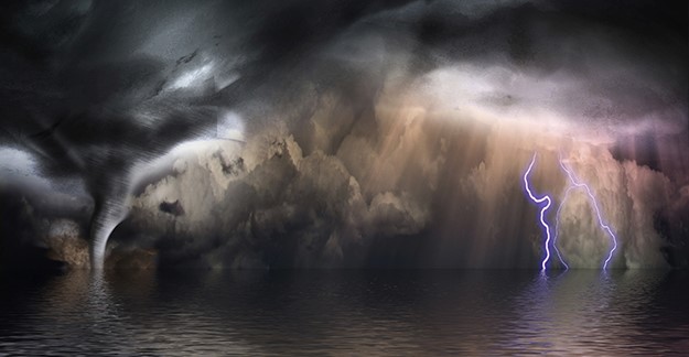 Lightening storm and ocean water spout