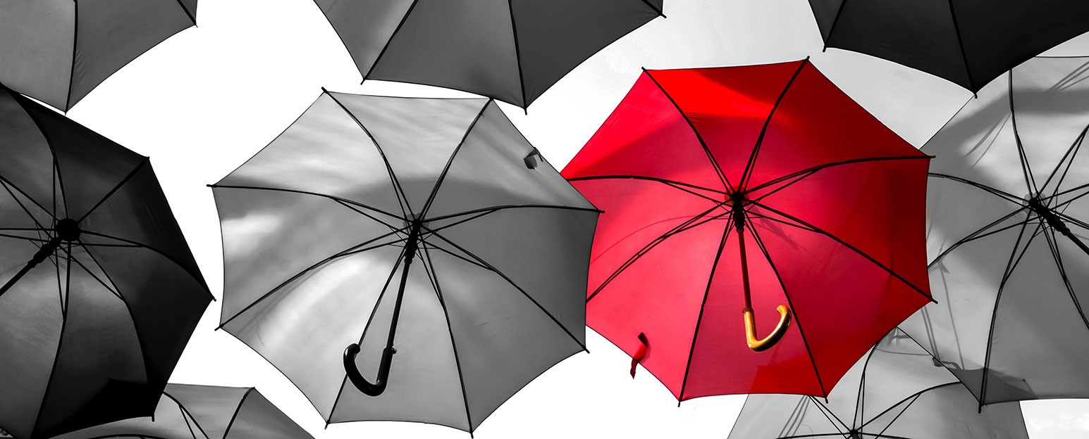 Black and white umbrellas with one red umbrella