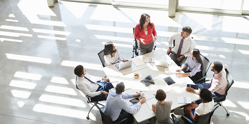 Businesswoman addressing team meeting, elevated view