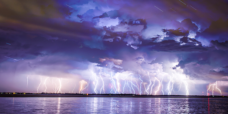 A severe lightning storm with power outages cause of the storm.