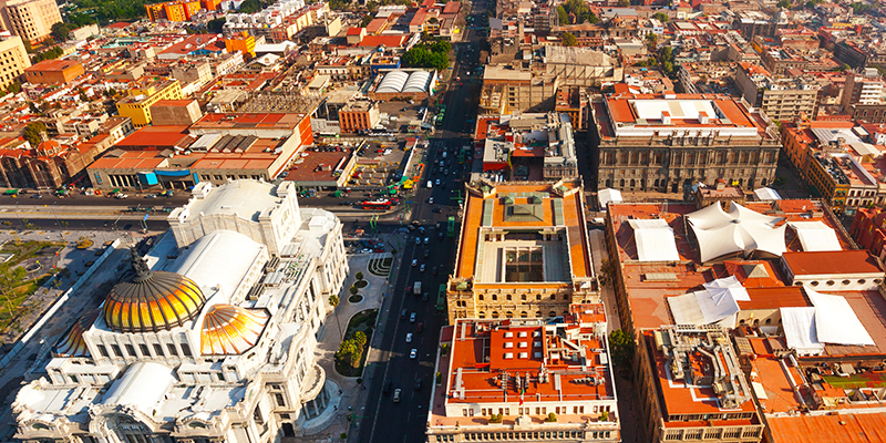 Areal view of the Palace of fine arts and downtown Mexico capital city from Torre Latinoamericana to the north direction