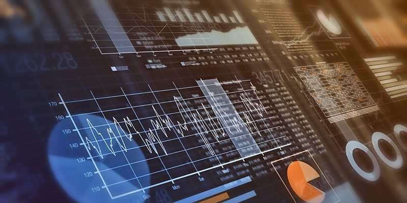 close-up view of financial graphs, bar, circle and line charts