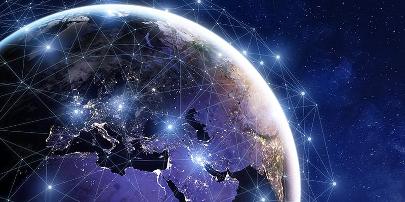 Communication network around Earth used for worldwide international connections for finance, banking, internet, and IoT
