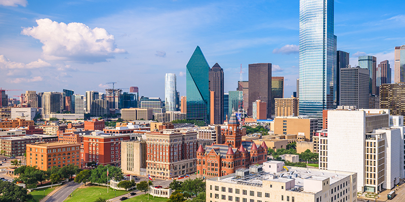 Dallas, Texas, USA downtown skyline from above.