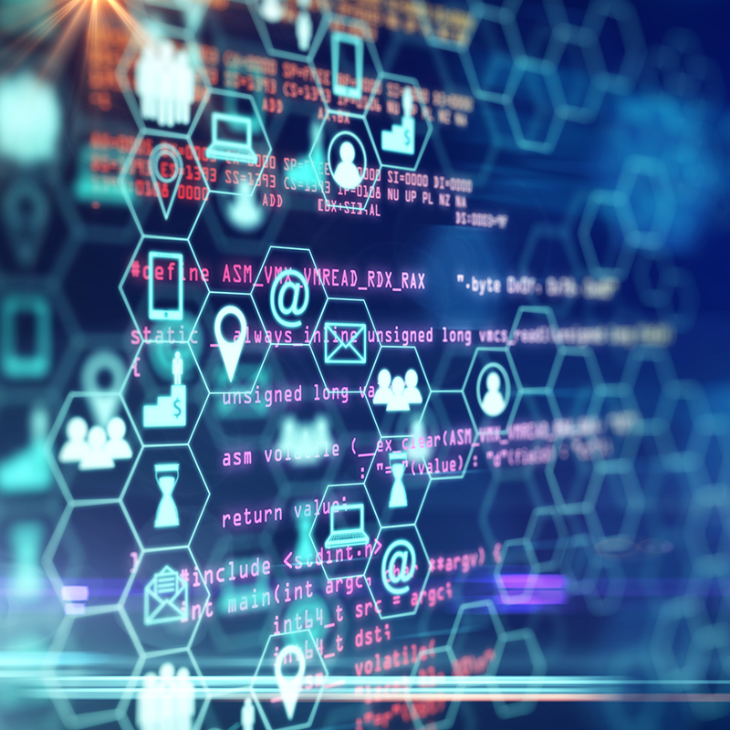 Creative digital blue business interface on blurry background. Innovation and science concept.