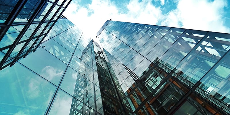 Upward view of glass skyscrapers