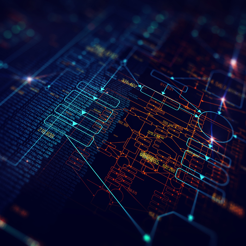 Blockchain network concept , Distributed register technology , Block chain text and computer connection with blue background