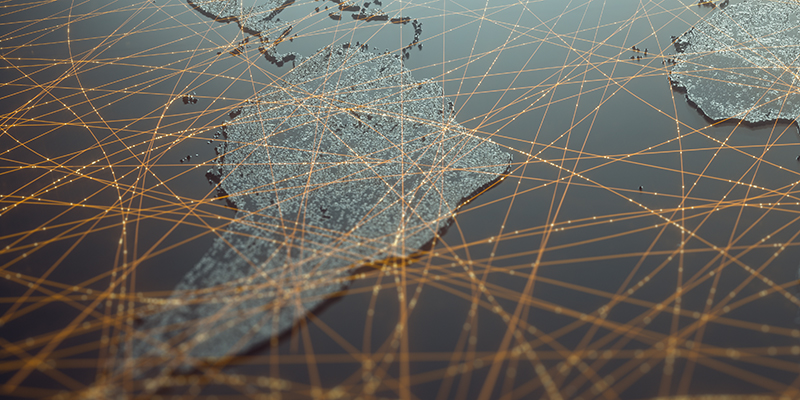 Globalized world, the future of digital technology. Connections and cloud computing in the virtual world. World map with satellite data connections.