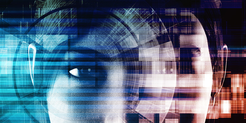 AI concept - Face with focus on one eye