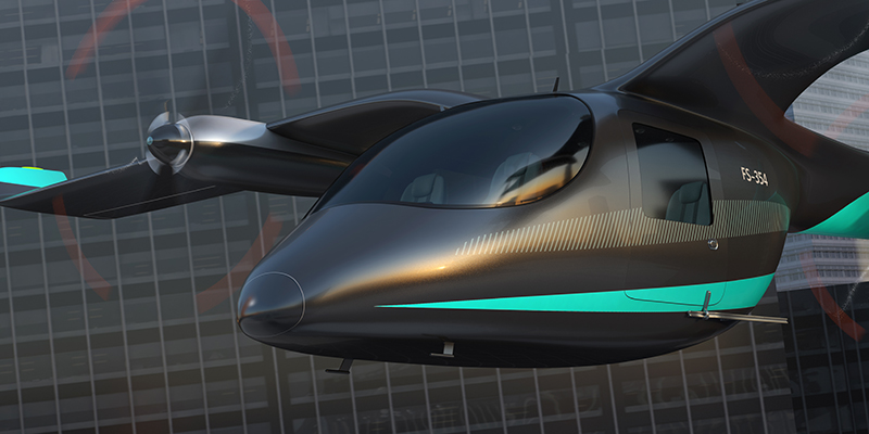 Electric VTOL passenger aircraft flying in the sky. Air mobility concept. 3D rendering image.