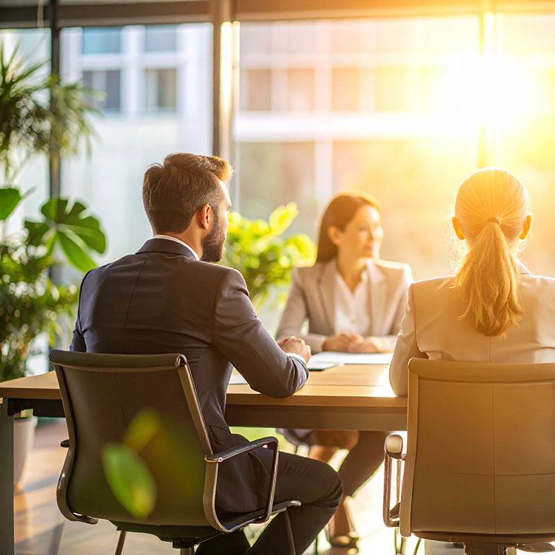 Rear view of business professionals in a morning team meeting, seated at a conference table with sunlight pouring through glass windows