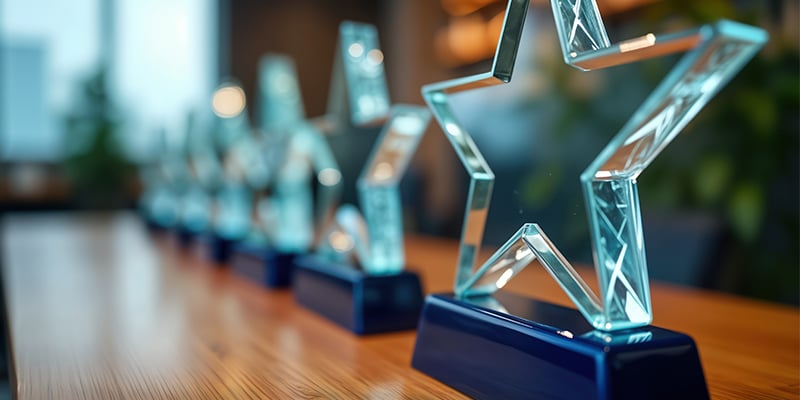 Close-up of a star-shaped award, with other awards blurred in the background