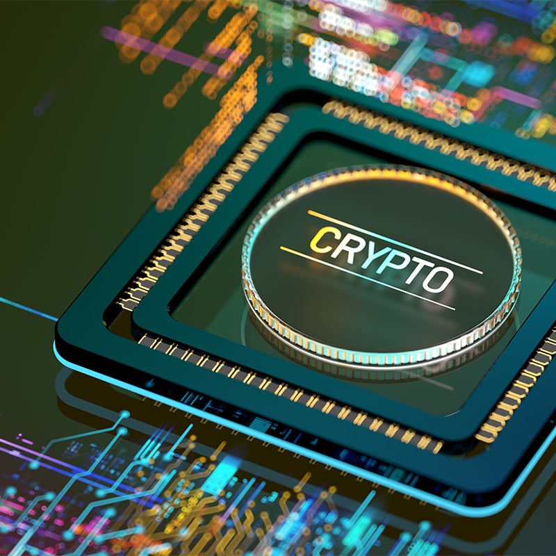 Microchip with Crypto label - tech concept