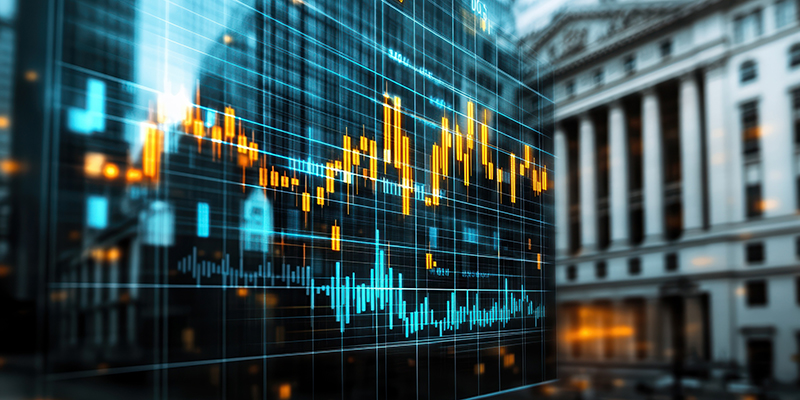 Financial charts with a building exterior in the background
