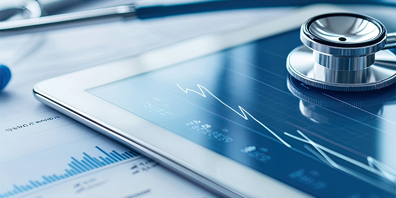 Stethoscope and medical charts on tablets