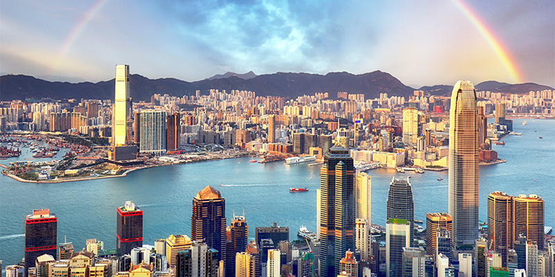 Hong Kong skyline with a rainbow