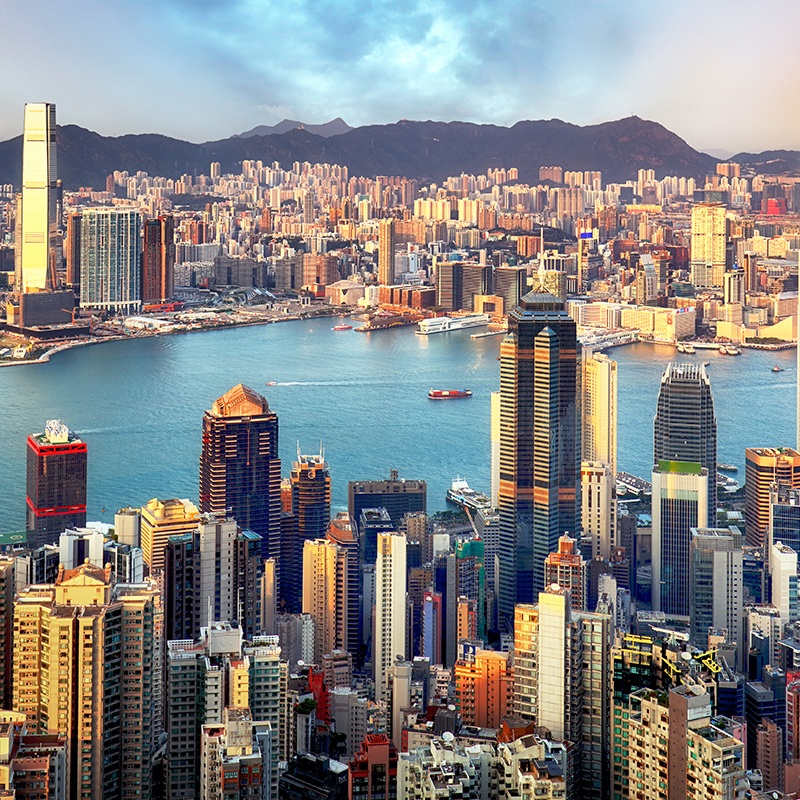 Rainbow over Hong Kong city skyline
