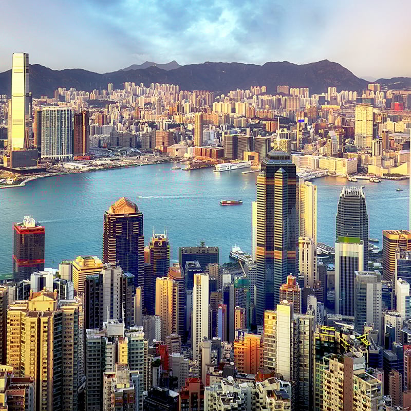 Rainbow over Hong Kong city skyline
