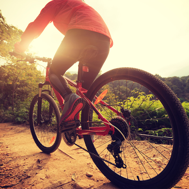 Person riding a mountain bike with the sun in the distance