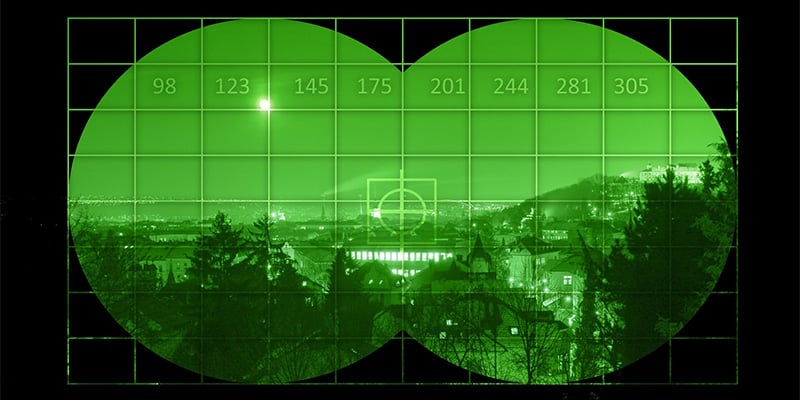 View of mountains through night vision glasses
