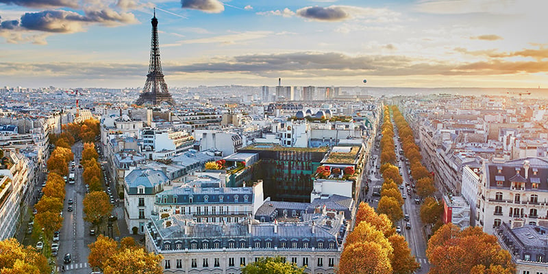 Aerial panoramic cityscape view of Paris, France with the Eiffel tower on a fall day