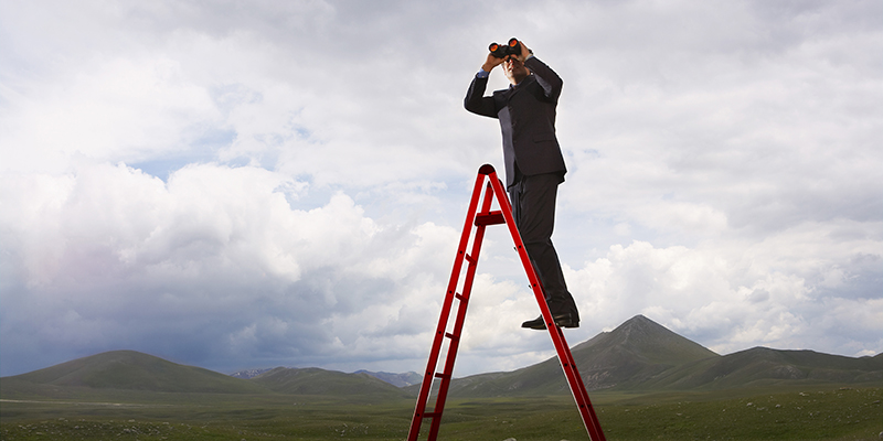 Full length of businessman on ladder looking through binoculars in mountain field