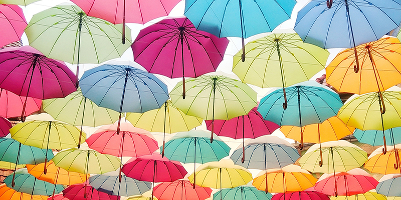 mulitcolored floating umbrellas