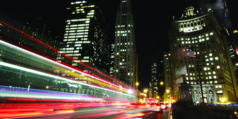 Chicago at night, long exposure motion blur of traffic