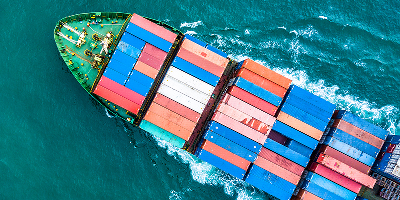 Aerial top view container cargo ship