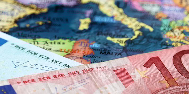 Euro banknotes on the map of Europe