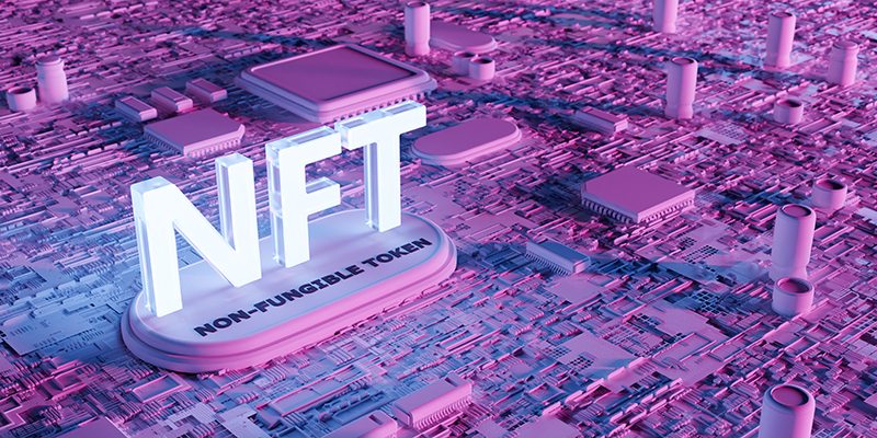 NFT word on a motherboard full of components and neon lighting. metaverse concept, nft, play to earn, crypto, blockchain and technology. 3d rendering