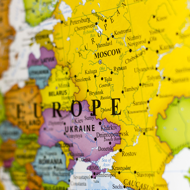 Map of Eastern Europe with focus on Ukraine and Russia