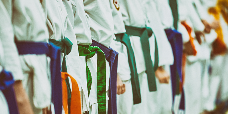 Concept karate, martial arts. Construction of students in the hall before training. Kimono, different belts, different levels of training.