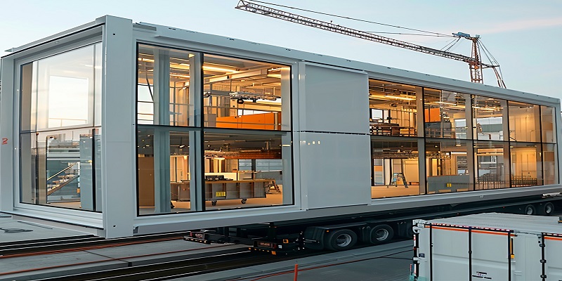 Modern mobile home being transported via truck