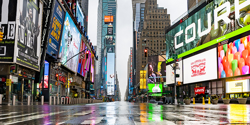 Wide-angle photo of Times Square taken in the morning during COVID-19 (Corona virus) pandemic in NYC with the streets empty