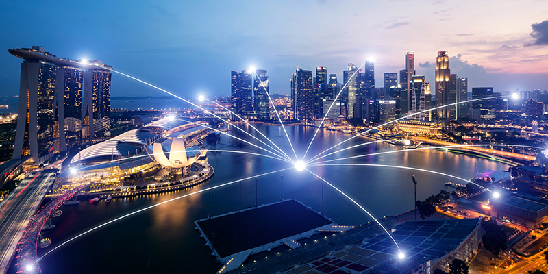 Network business connection system on Singapore smart city scape in background