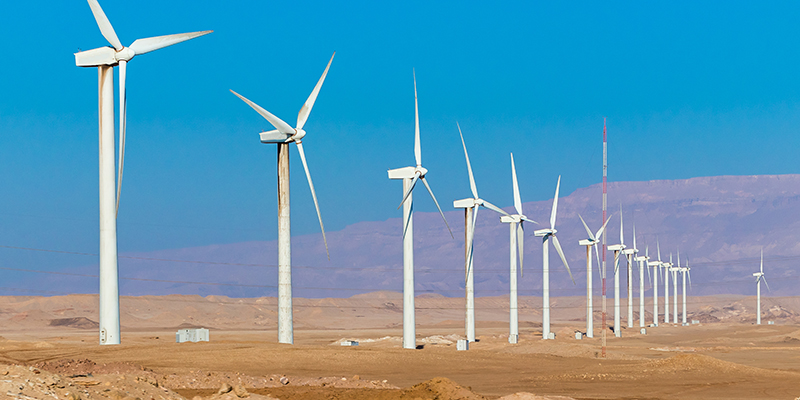 Windmills for electric power production in the desert in Egypt.