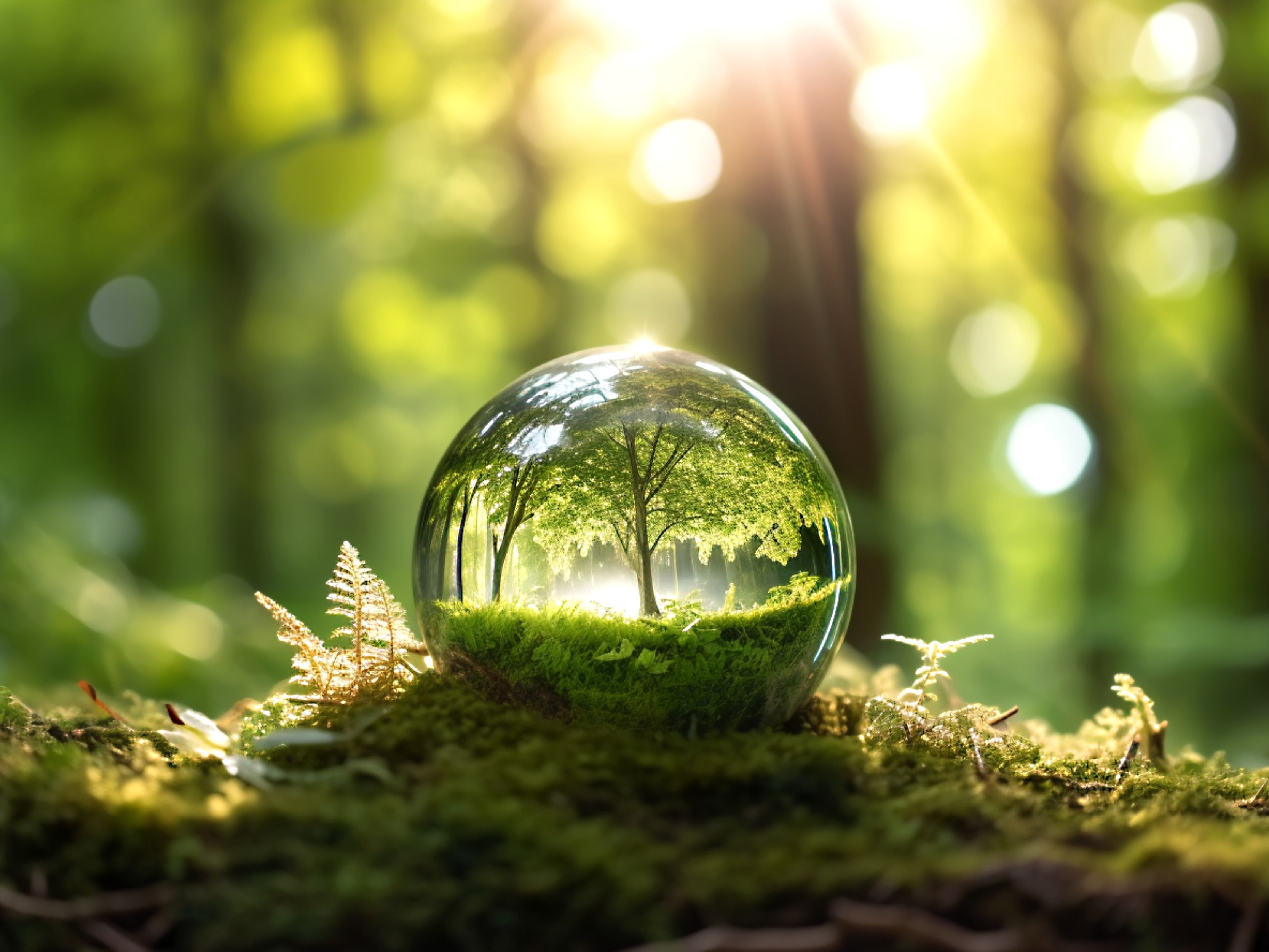 Glass ball with a tree inside, sitting on greenery